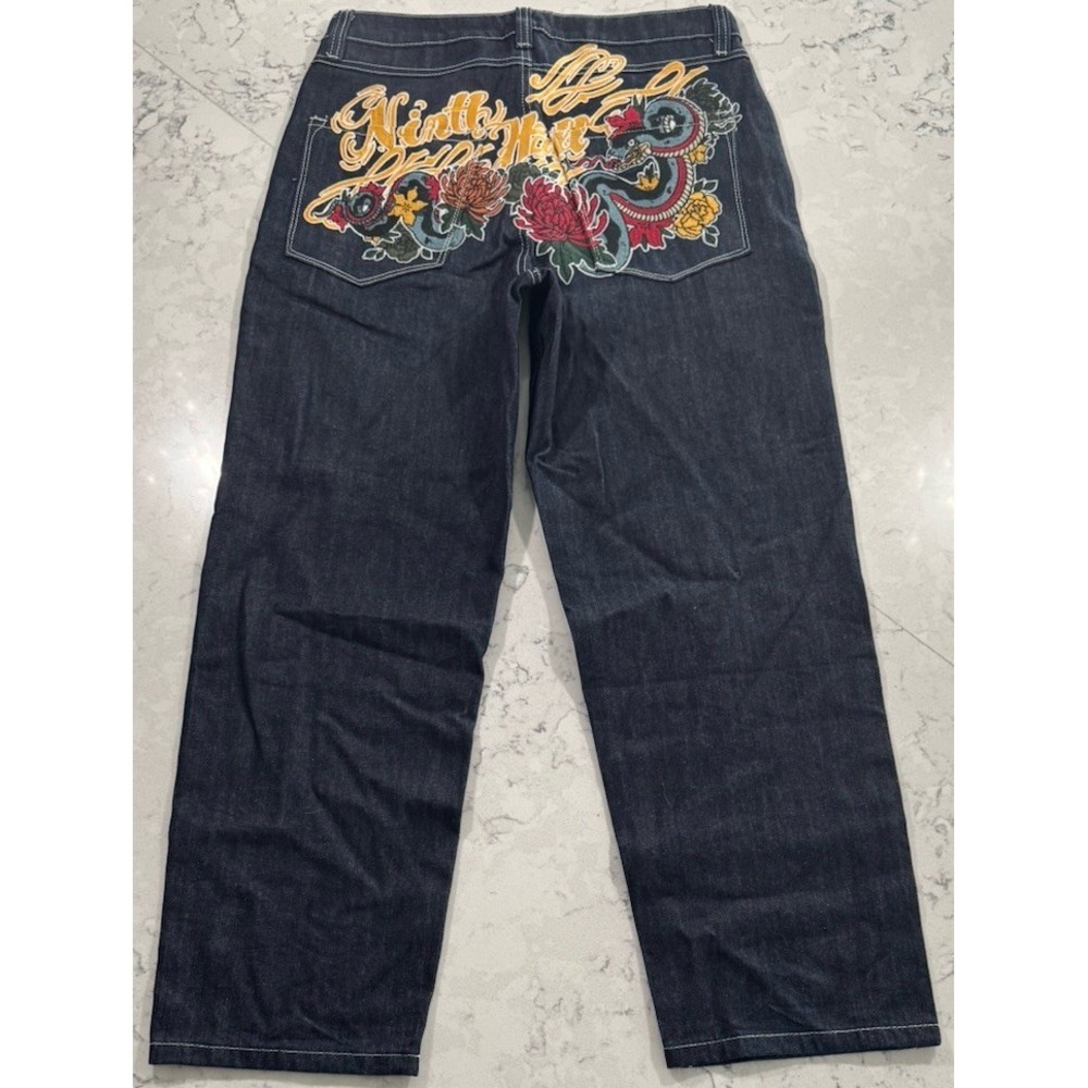 NWOT Ninth Hall Ambush Dragon Jeans Mens 32x30 Raw Indigo Embroidered Baggy Y2K